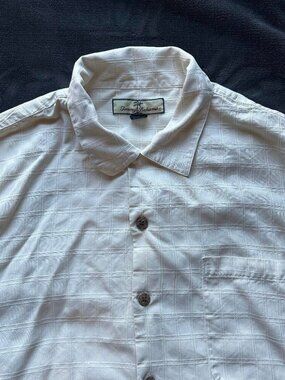 Tommy Bahama Silk Short Sleeve Button Front Shirt L Cream Check